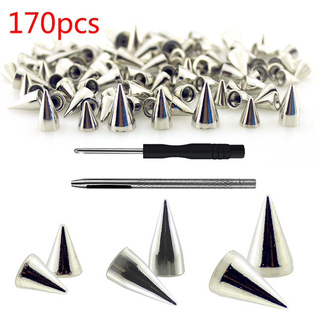 170Pcs/Set 3 Desings Silver Cone Studs and Spikes for Clothes